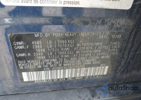 2010 Subaru Outback 2.5I z USA, uszkodzony, nr VIN 4S4BRCAC2A3348838